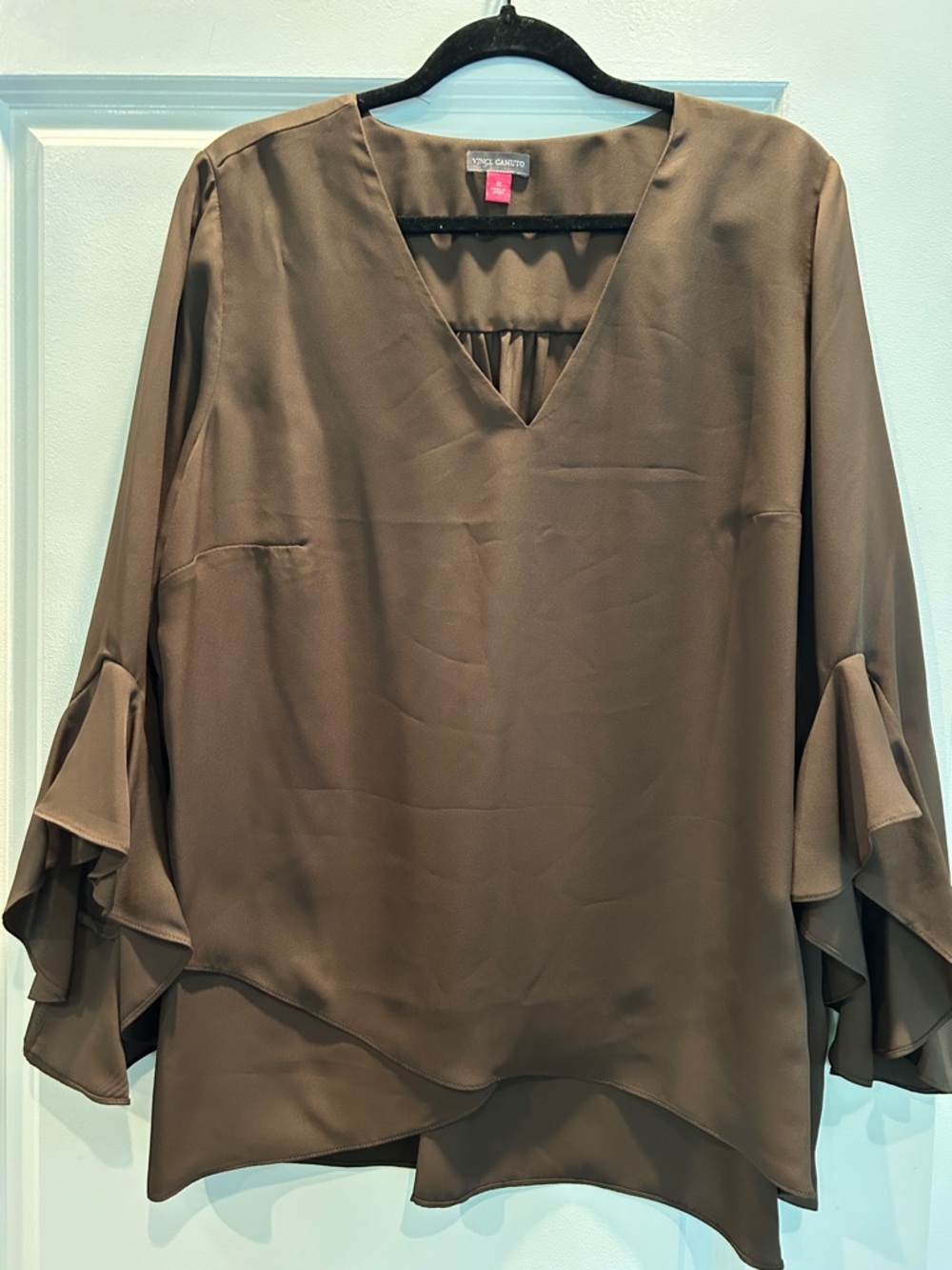 Vince Camuto Olive Brown V-Neck Ruffle Sleeve Tunic